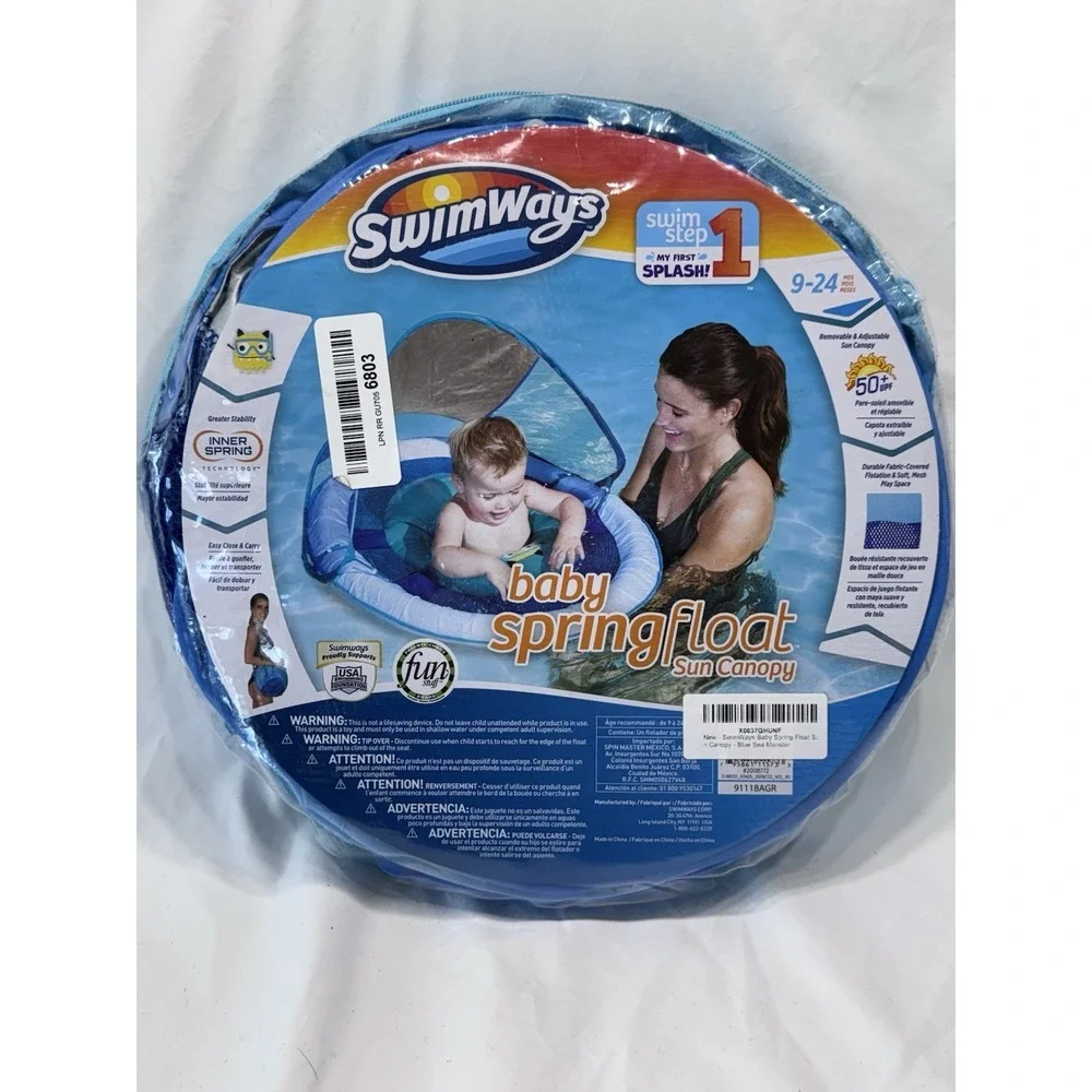 SwimWays Infant Baby Spring Float-Adjustable Sun Canopy -Green/Blue -Step 1 -NEW